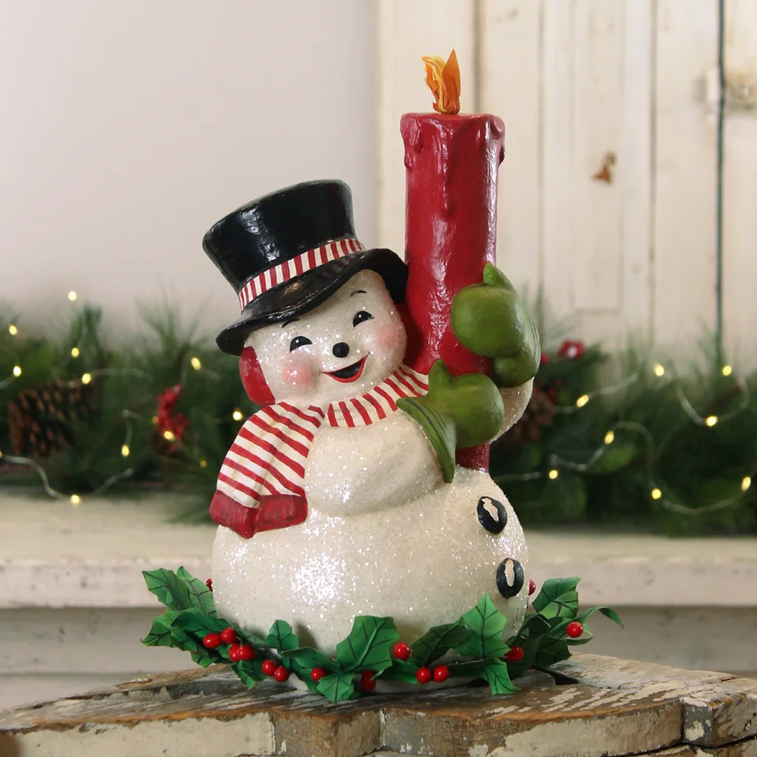 Bethany Lowe Holly Berry Snowman and Candle front lifestyle