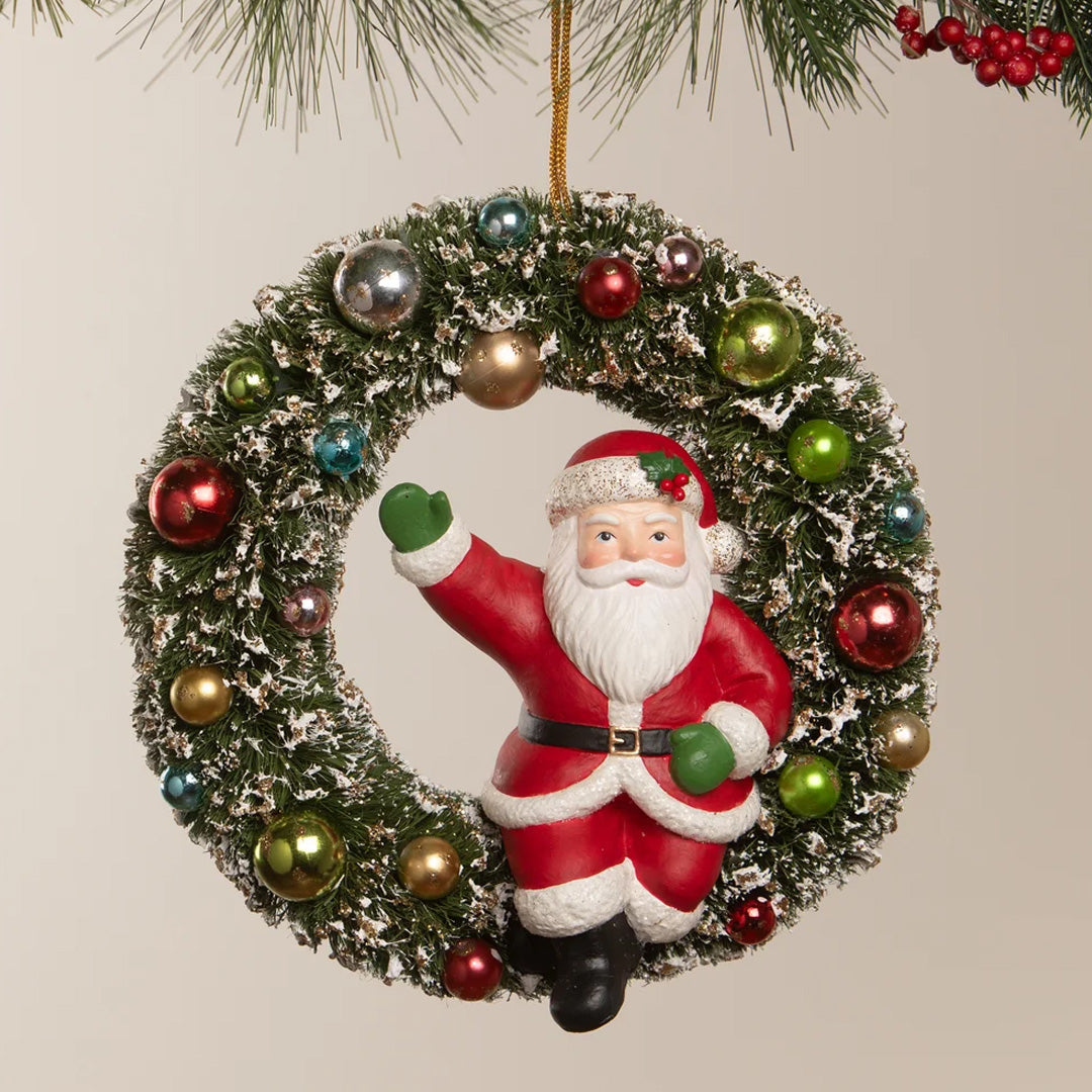 Bethany Lowe Kitschmas Santa in Wreath Ornament front