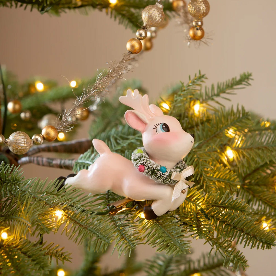 Bethany Lowe Leaping High Pink Reindeer front close up