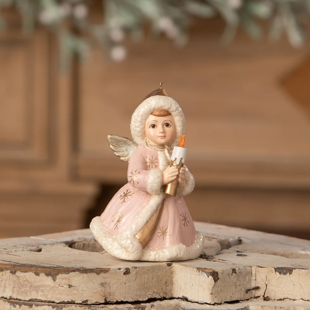 Bethany Lowe Pastel Angel Holding Candle Ornament front lifestyle