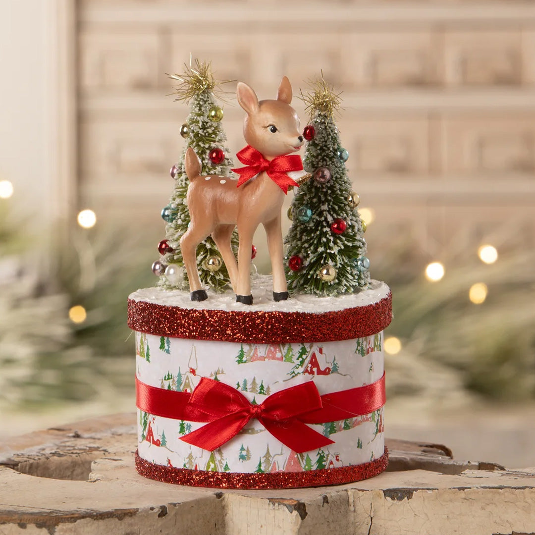 Bethany Lowe Retro Ruby Reindeer on Box front lifestyle