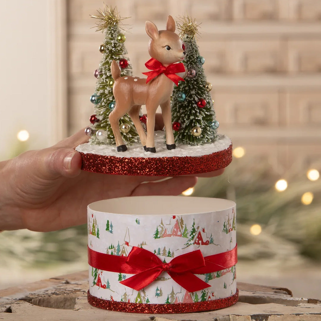 Bethany Lowe Retro Ruby Reindeer on Box opened lifestyle