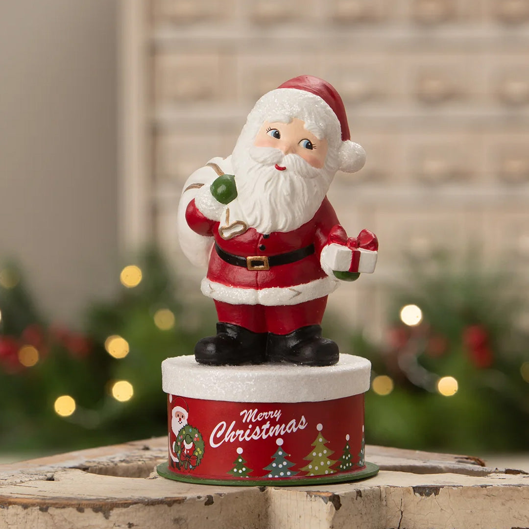 Cuddle Decor Bethany Lowe Retro Santa on Box 7.5" front lifestyle