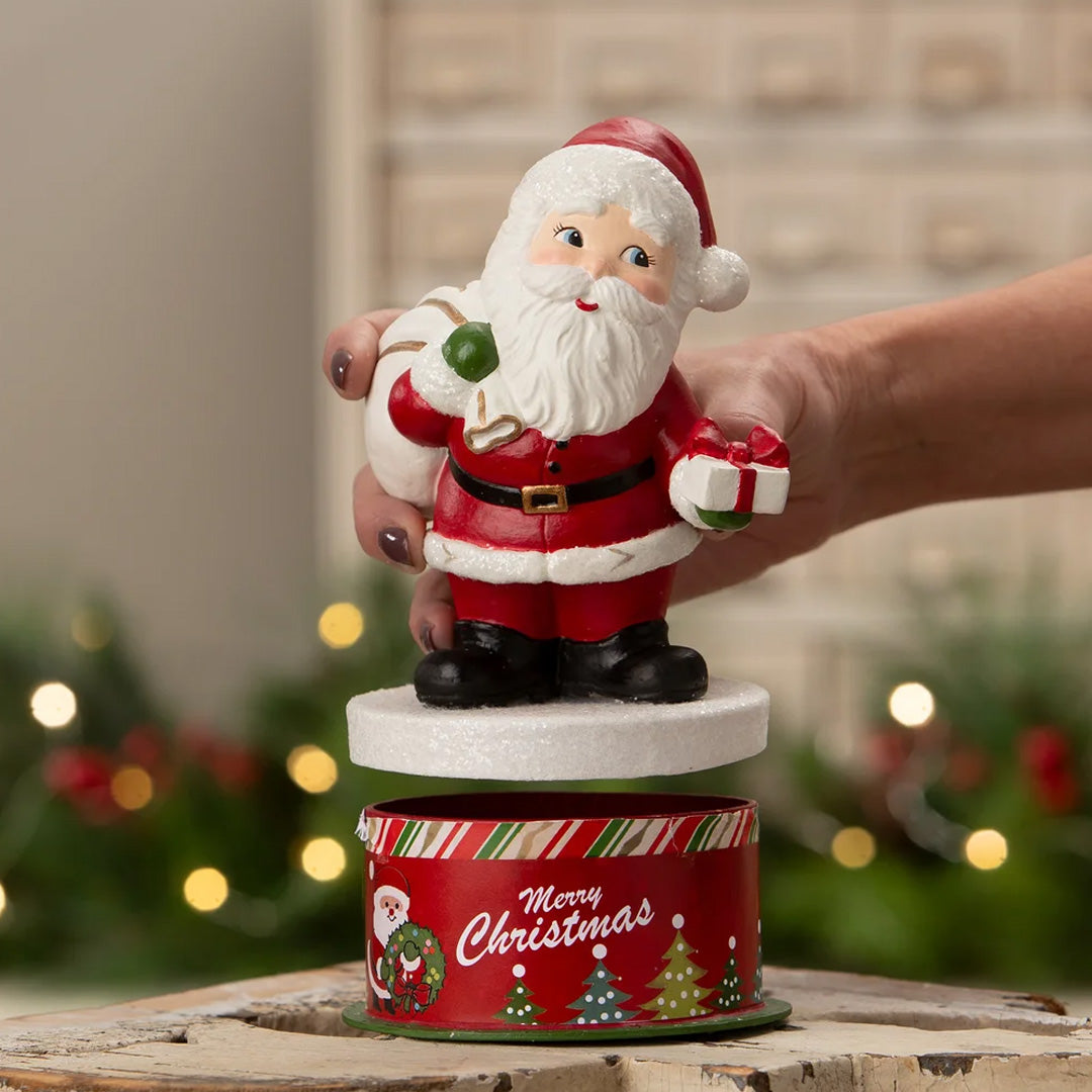 Cuddle Decor Bethany Lowe Retro Santa on Box 7.5" opened lifestyle