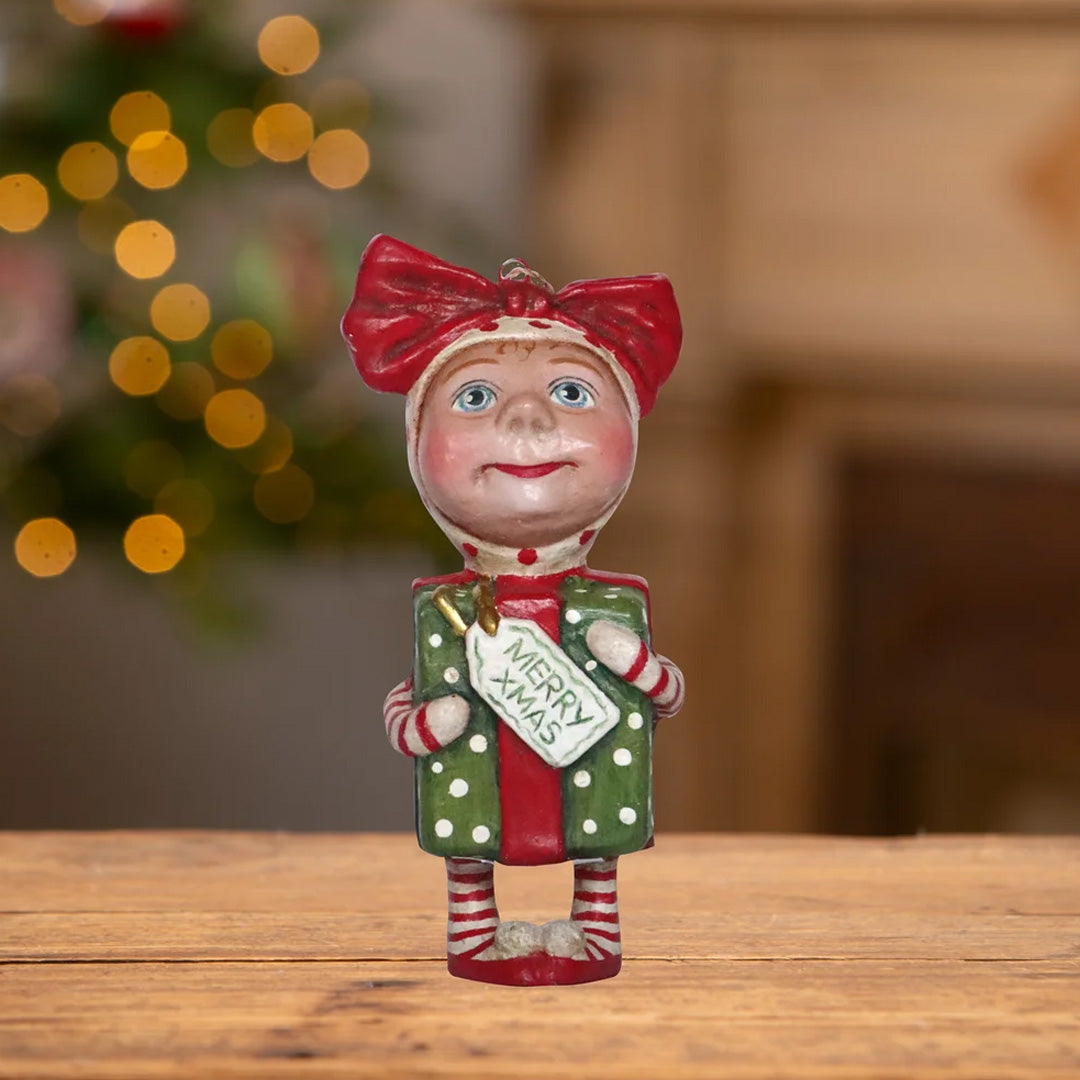 Debra Schoch for Bethany Lowe Surprise Package Girl Ornament front lifestyle