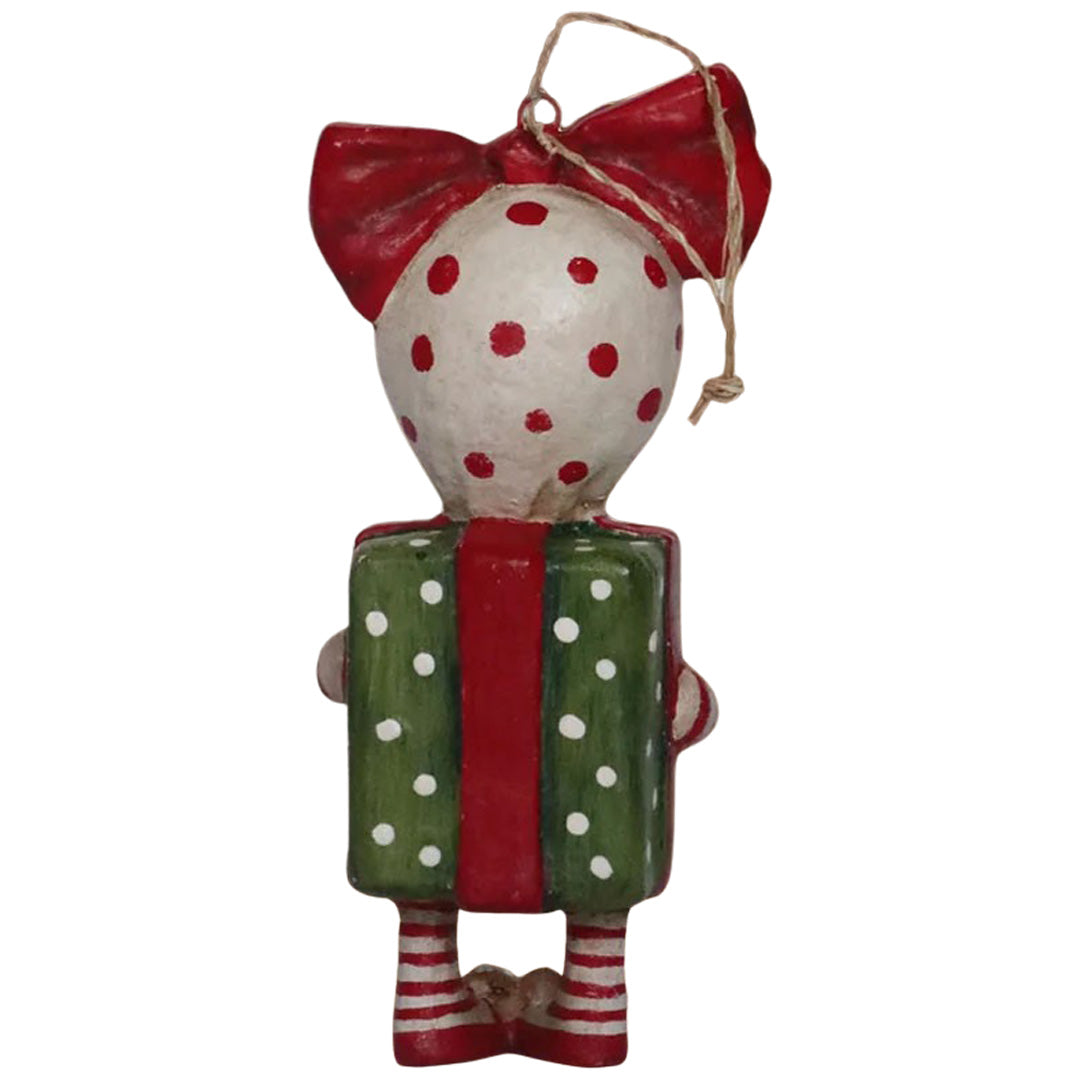 Debra Schoch for Bethany Lowe Surprise Package Girl Ornament back