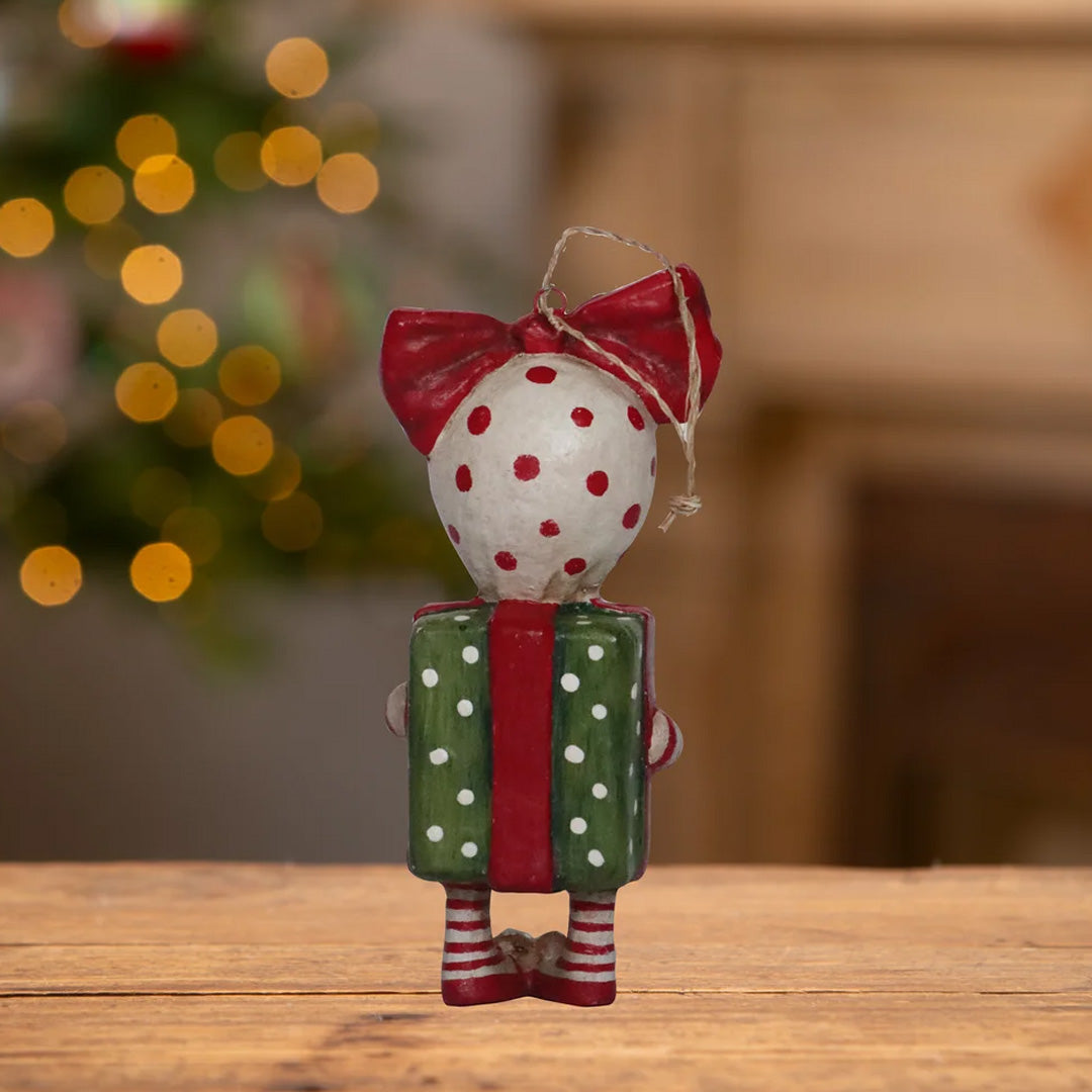 Debra Schoch for Bethany Lowe Surprise Package Girl Ornament back lifestyle