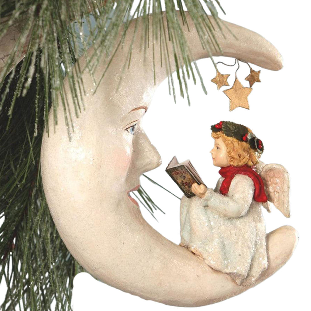 Story Time Angel on Moon Ornament by Bethany Lowe, Christmas Ornaments