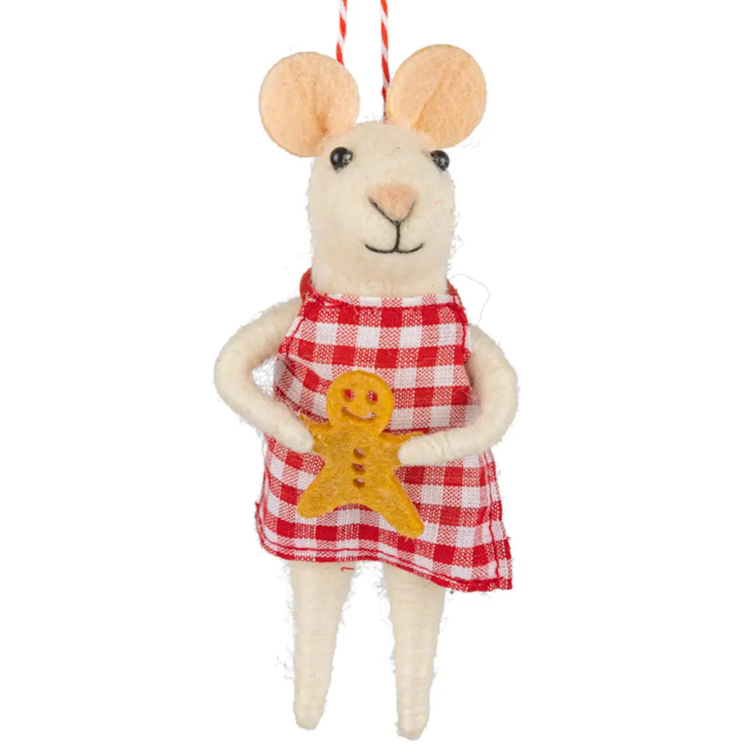 Silver Tree Home and Holiday Mouse in Red Gingham Dress Holding Gingerbread Cookie Felt Ornament