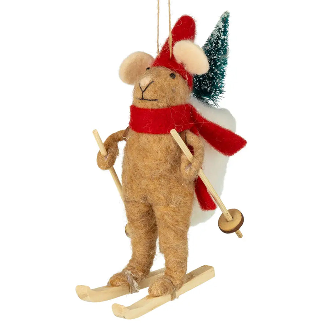 Silver Tree Home and Holiday Mouse Skier with Tree Backpack Felt Ornament