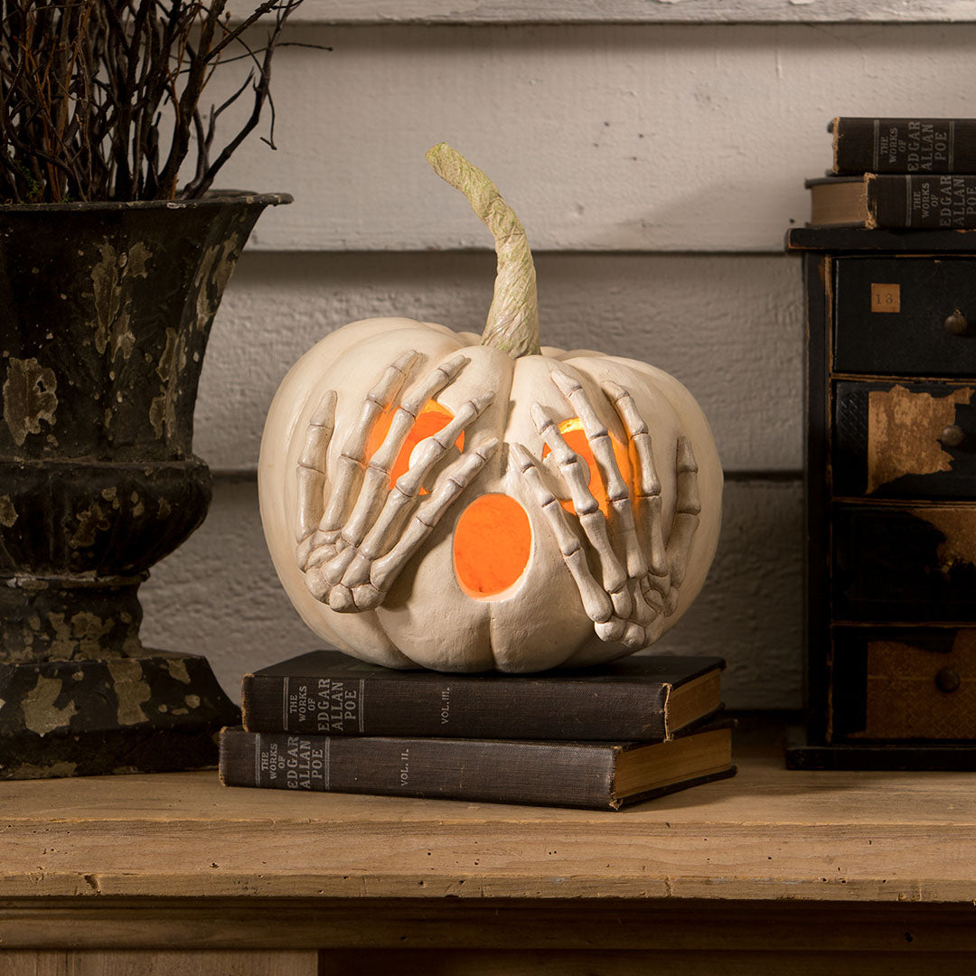 Bethany Lowe Peek-a-Boo Pumpkin White front life style