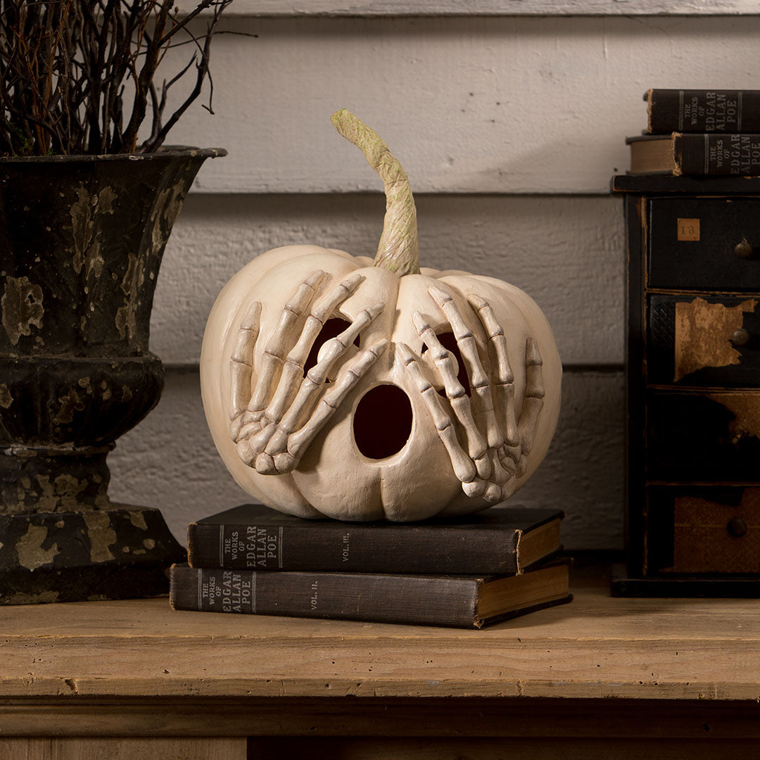 Bethany Lowe Peek-a-Boo Pumpkin White front life style