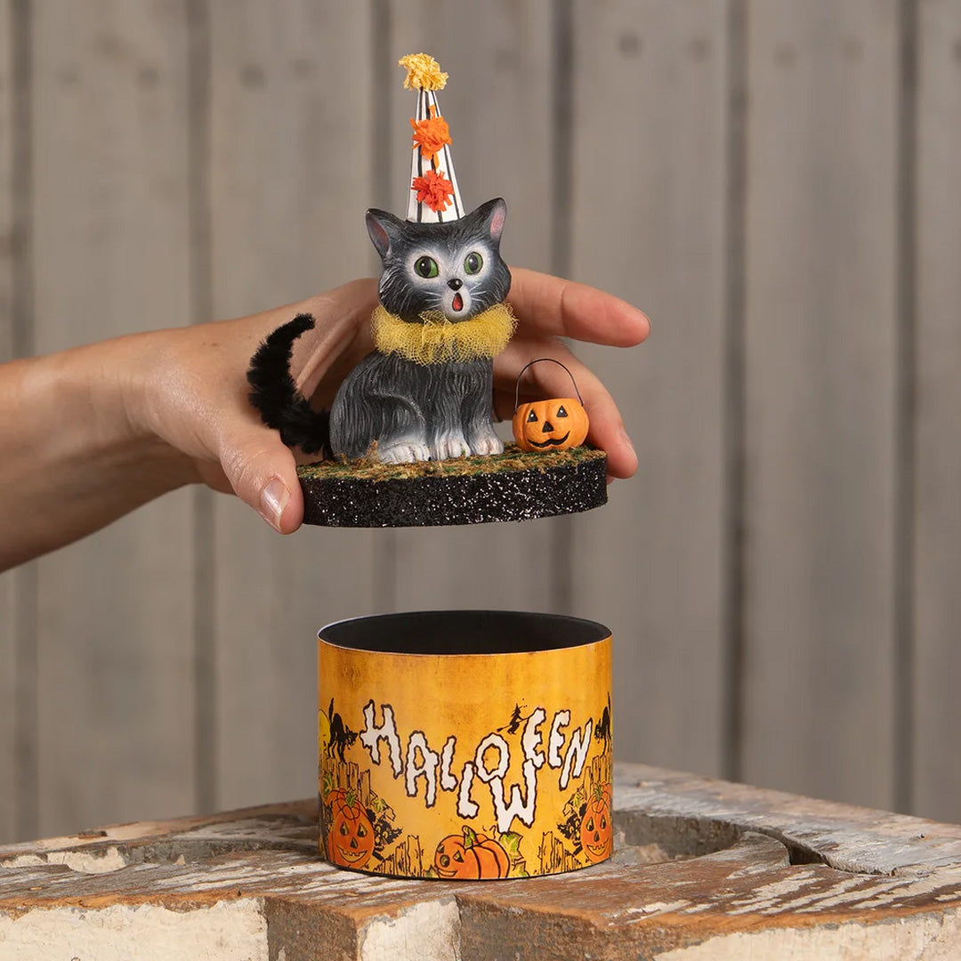 Bethany Lowe Cecil Cat on Box opened lifestyle