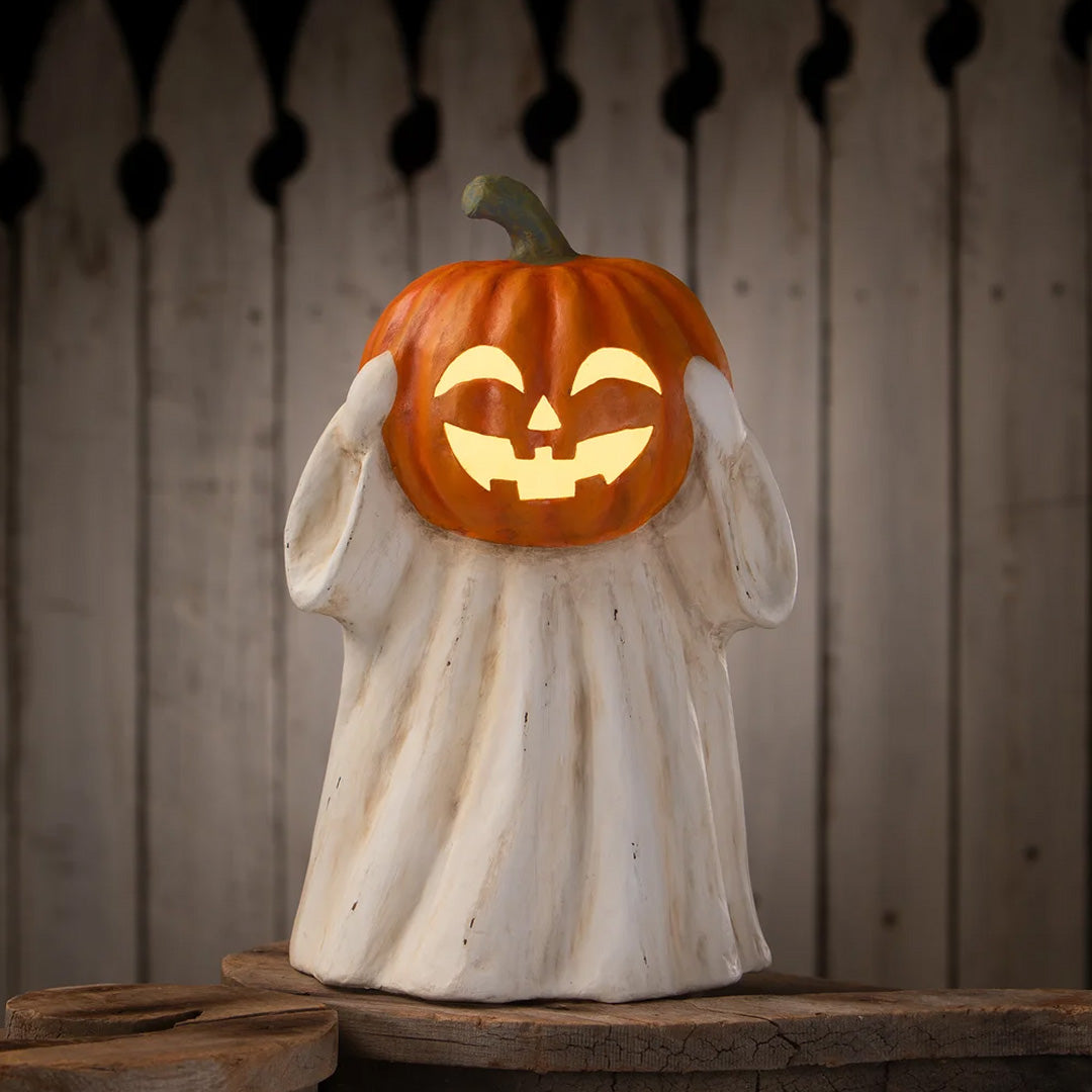 Bethany Lowe Ghost Jack O Lantern front lifestyle lighted
