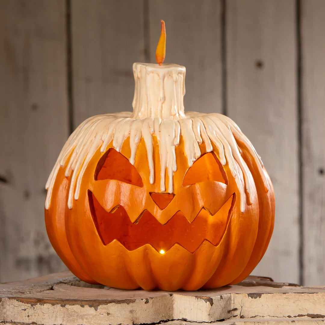 Bethany Lowe Melting Midnight Glow Pumpkin front lifestyle lighted