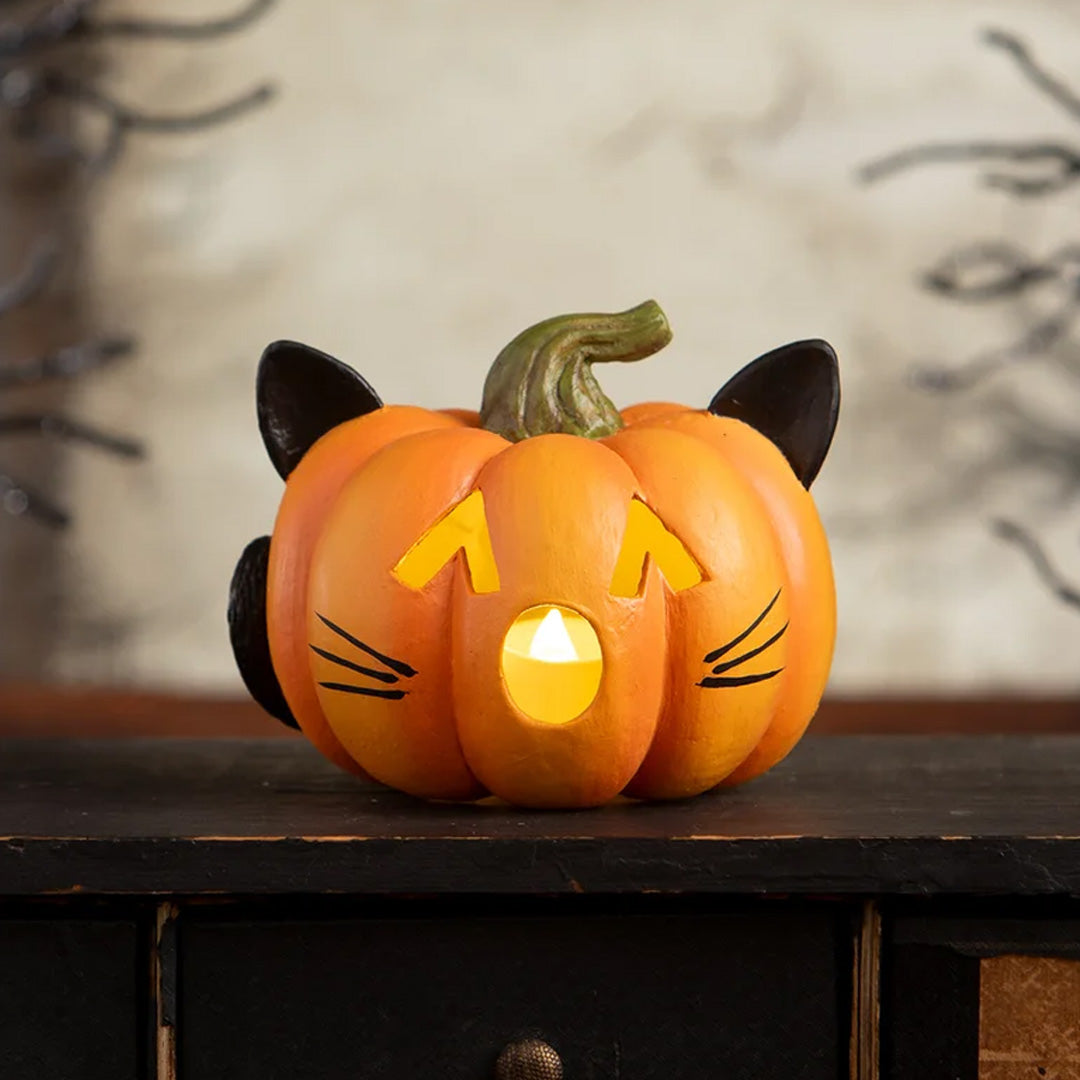 Bethany Lowe Pumpkin Cat Luminary front lifestyle lighted