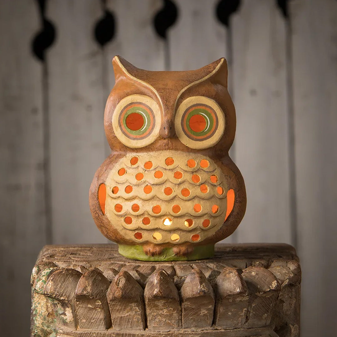 Bethany Lowe Shining Bright Owl Luminary front lifestyle lighted