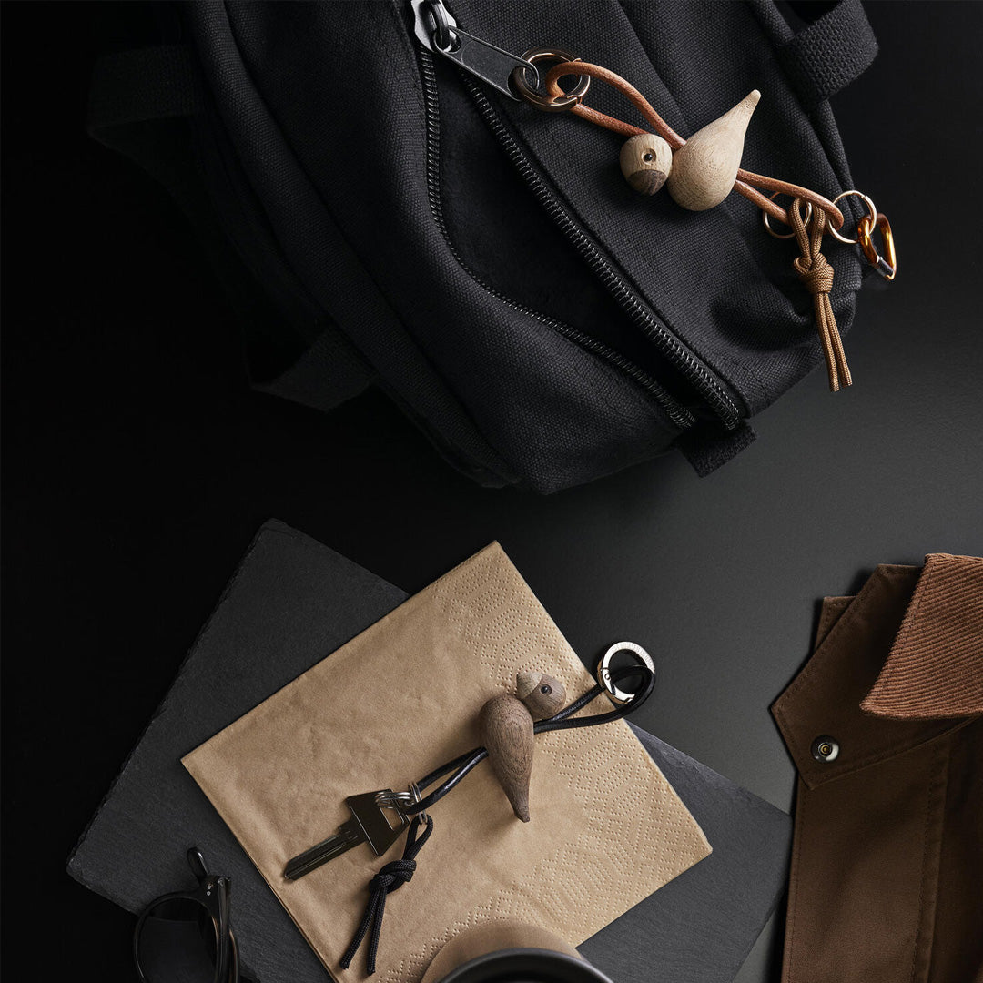 Kay Bojesen Wooden Bird Golden Metal Keychain with Natural Leather 3