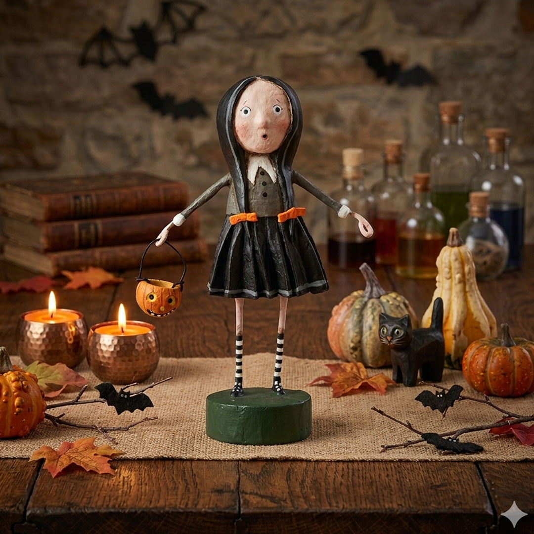 Cuddle Decor Little Goth Girl Halloween Figurine by Lori Mitchell lifestyle