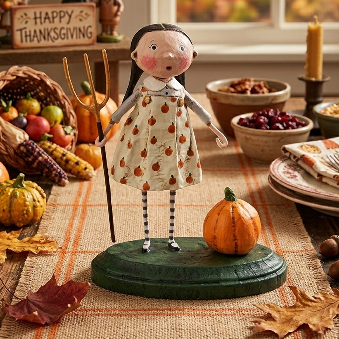 Cuddle Decor Pru the Pumpkin Farmer Halloween Figurine by Lori Mitchell lifestyle