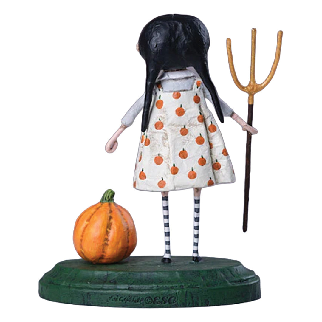Pru the Pumpkin Farmer Halloween Figurine by Lori Mitchell new version back