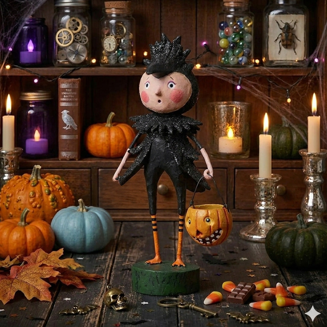 Cuddle Decor Ravishing Raven, Halloween Figurine, designed by Lori Mitchell front lifestyle