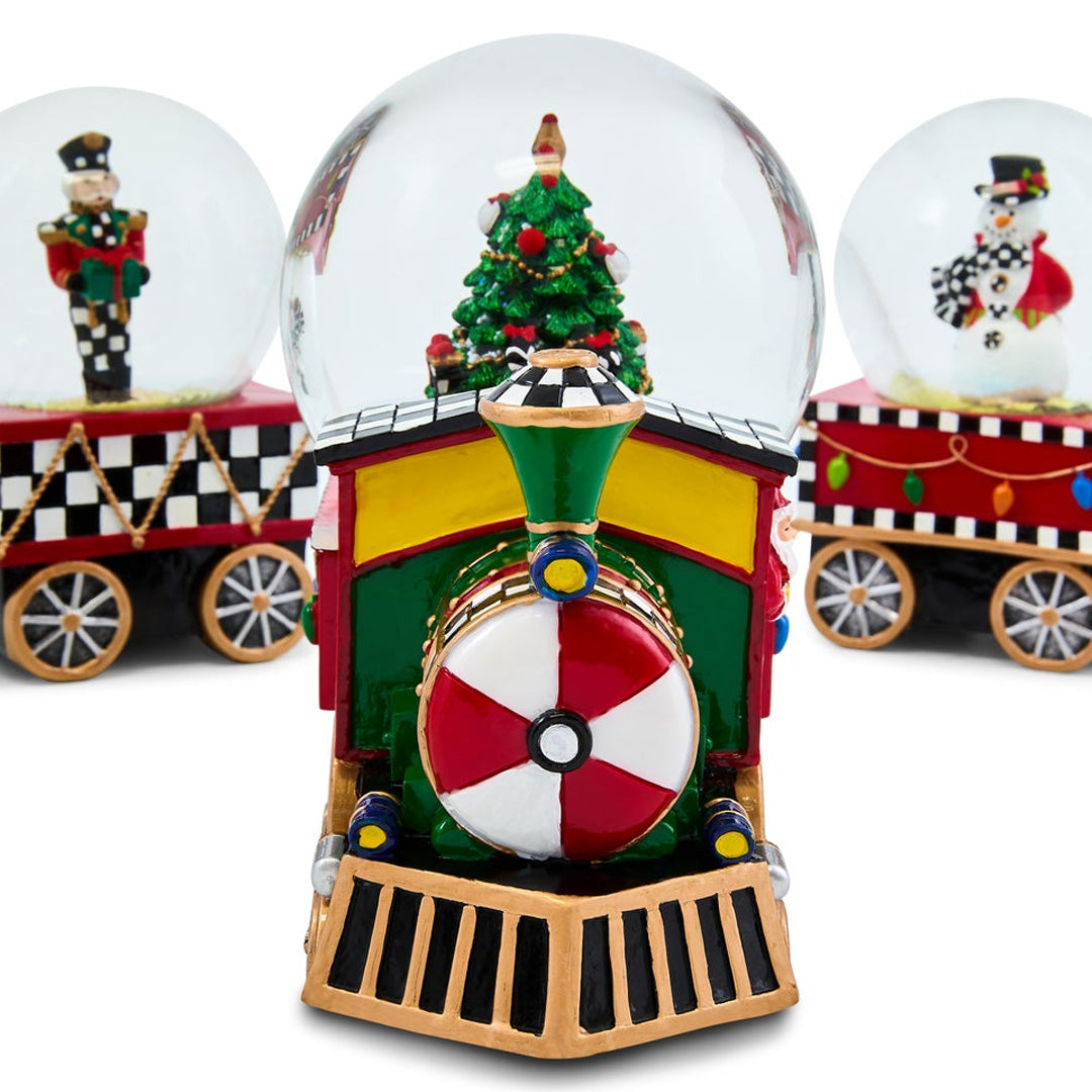 Cuddle Decor MacKenzie Childs Holiday Train Snow Globe - Set of 3 close up