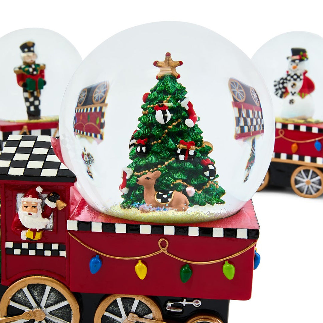 Cuddle Decor MacKenzie Childs Holiday Train Snow Globe - Set of 3 close up