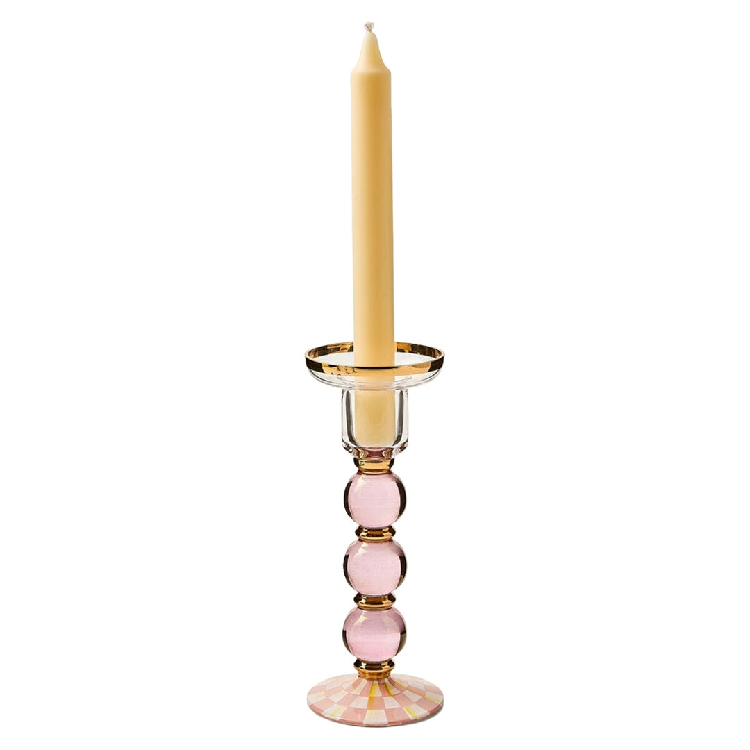 Cuddle Decor MacKenzie Childs Rosy Check Large Glass Candlestick pic2