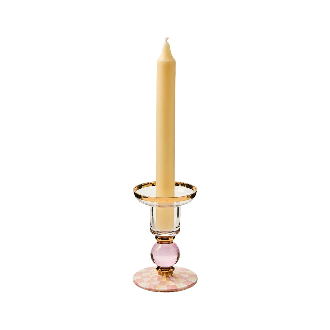 Cuddle Decor MacKenzie Childs Rosy Check Small Glass Candlestick pic2