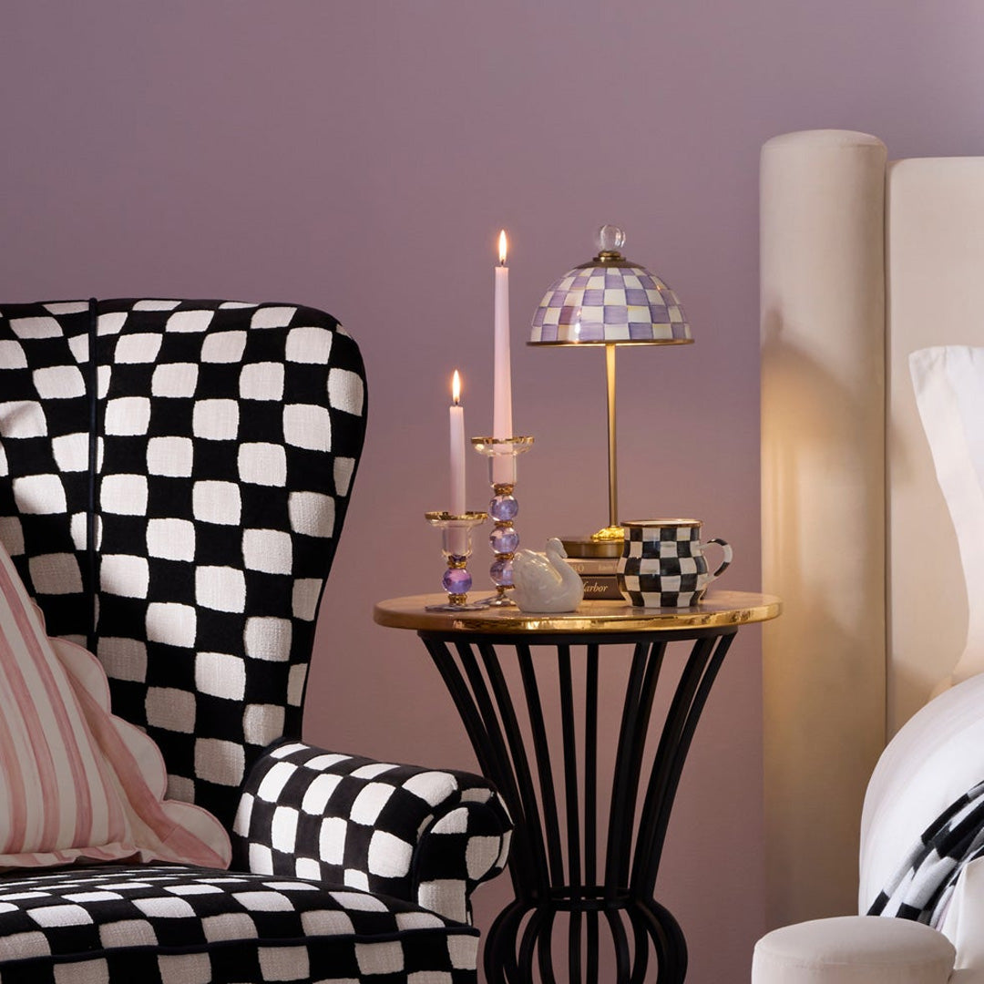 Cuddle Decor MacKenzie Childs Violet Check Large Glass Candlestick pic4