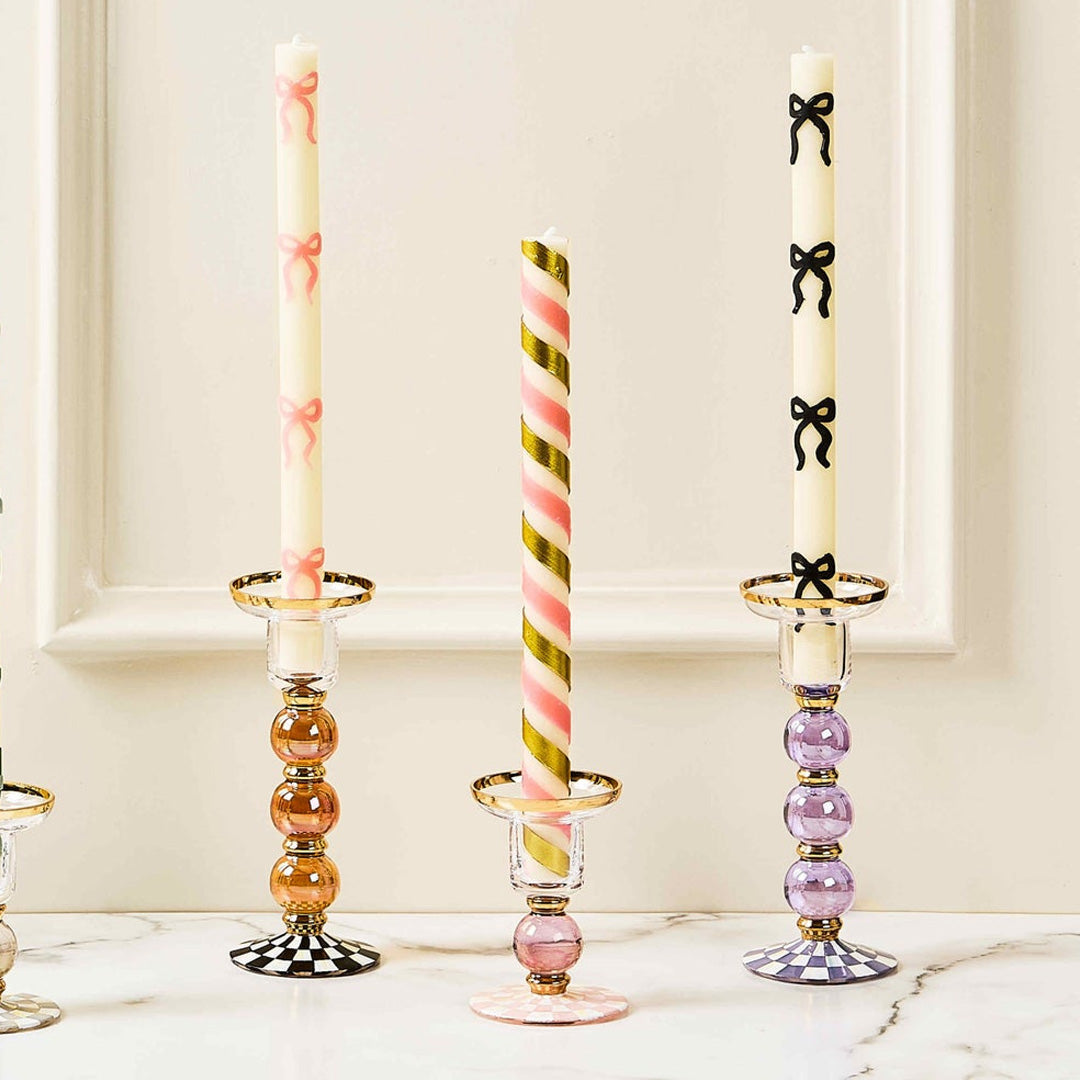 Cuddle Decor MacKenzie Childs Violet Check Large Glass Candlestick pic5