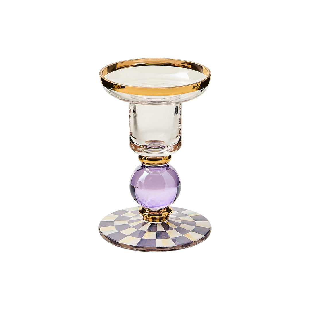 Cuddle Decor MacKenzie Childs Violet Check Small Glass Candlestick pic1