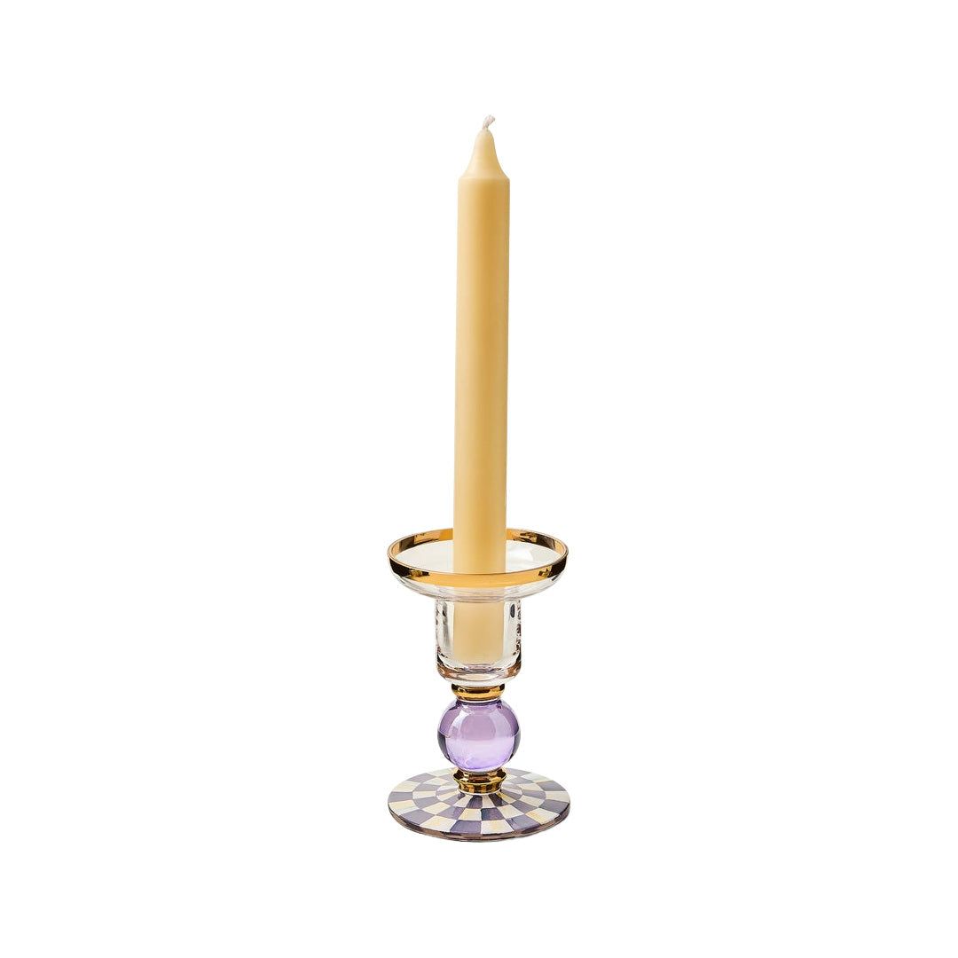 Cuddle Decor MacKenzie Childs Violet Check Small Glass Candlestick pic2