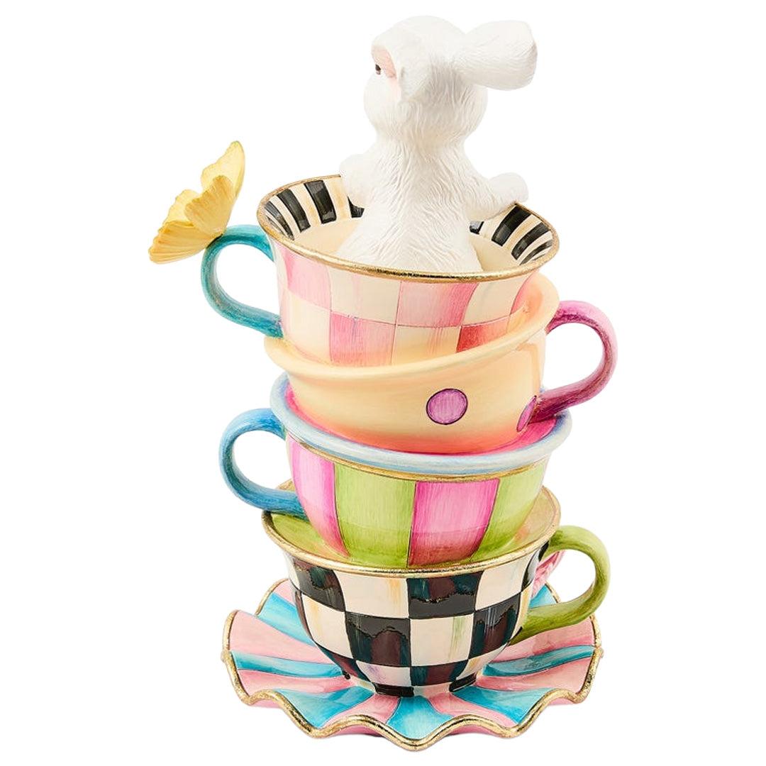 Cuddle decor MacKenzie Childs Frolic Spring Stacked Teacup Bunny back