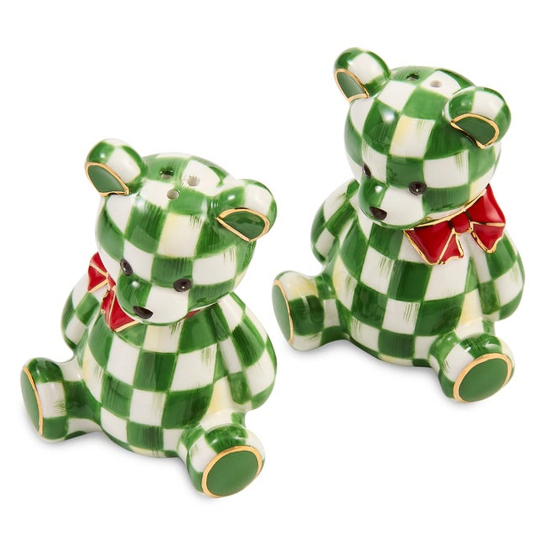Cuddle Decor Mackenzie Childs Emerald Check Holiday Bear Salt & Pepper - Set of 2 side