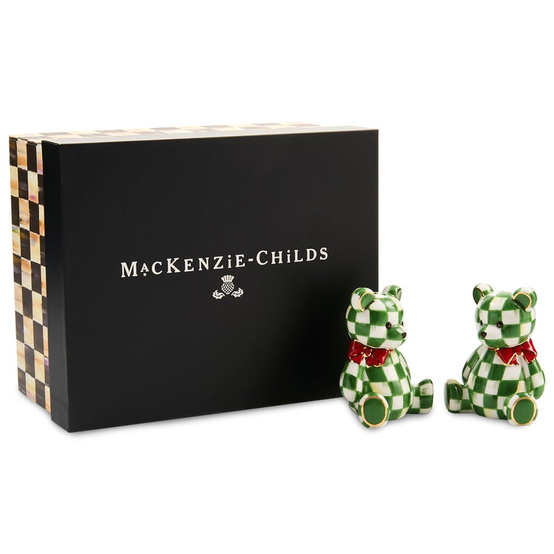 Cuddle Decor Mackenzie Childs Emerald Check Holiday Bear Salt & Pepper - Set of 2 box