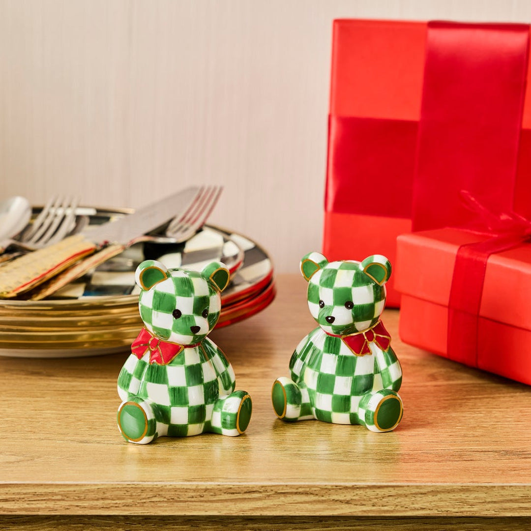 Cuddle Decor Mackenzie Childs Emerald Check Holiday Bear Salt & Pepper - Set of 2 lifestyle