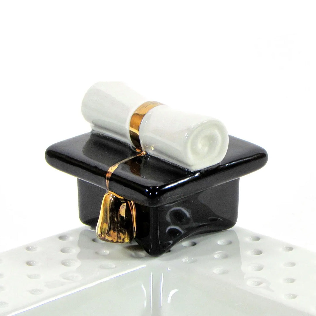 nora fleming graduation hat on the plate