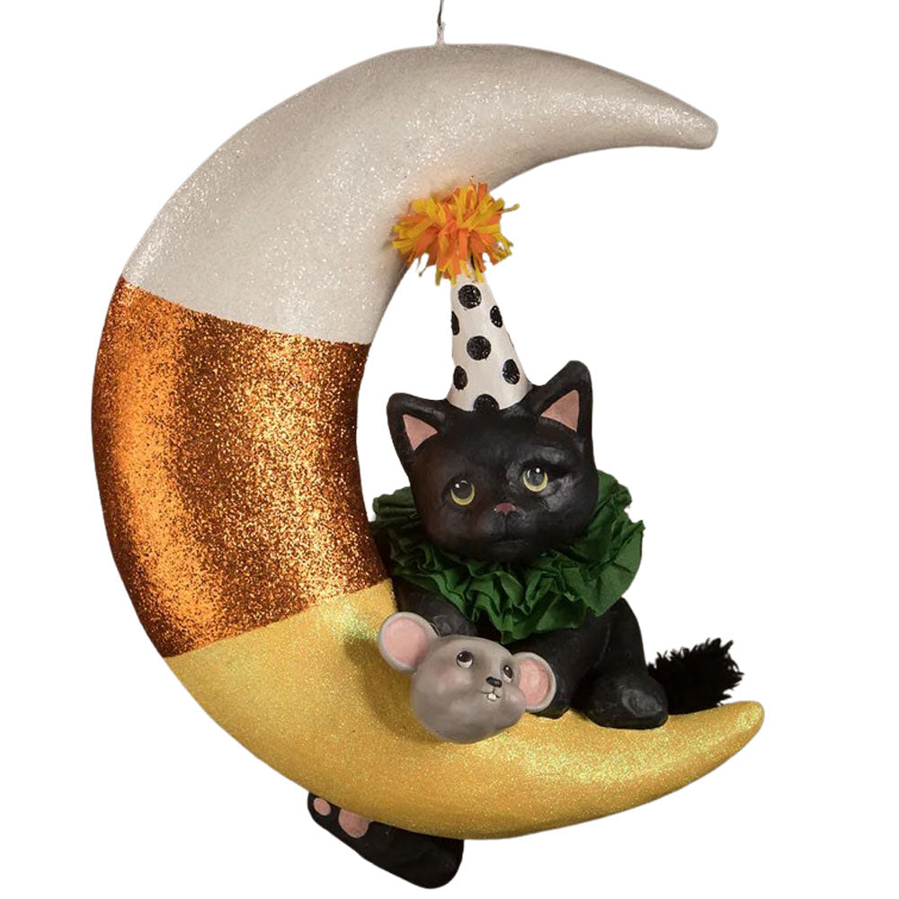Party Kitty on Candy Corn Moon Large Halloween Ornament by Bethany Lowe front