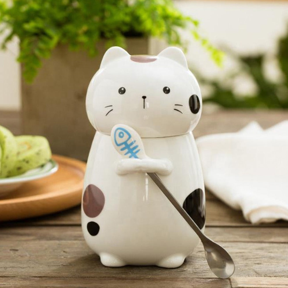 Cat 3D Ceramic Mugs with Spoon - set of 4