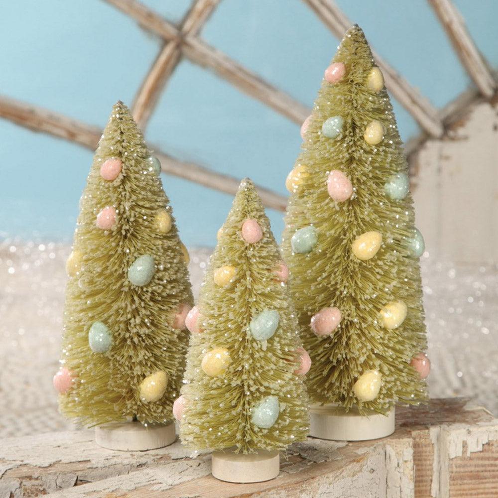 Spring Green Bottle Brush Trees with Eggs - Set of 3