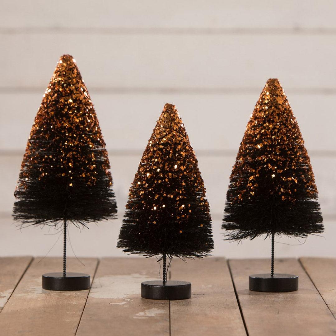 Black Bottle Brush Halloween Tree with Orange Glitter by Bethany Lowe