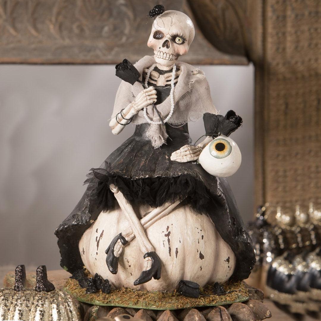 Miss Skeleton On Pumpkin Halloween Figurine by Bethany Lowe Designs