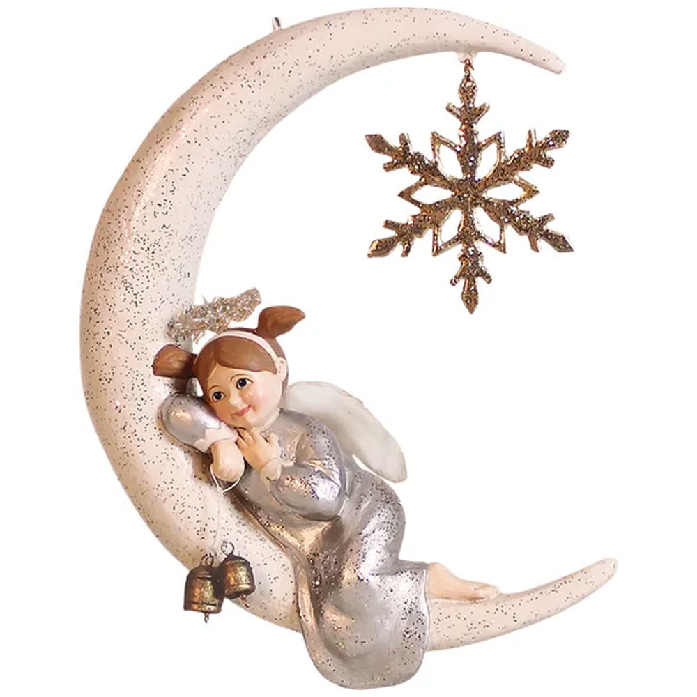 Anna Lee Angel Laying on Moon Christmas Ornament by Bethany Lowe front