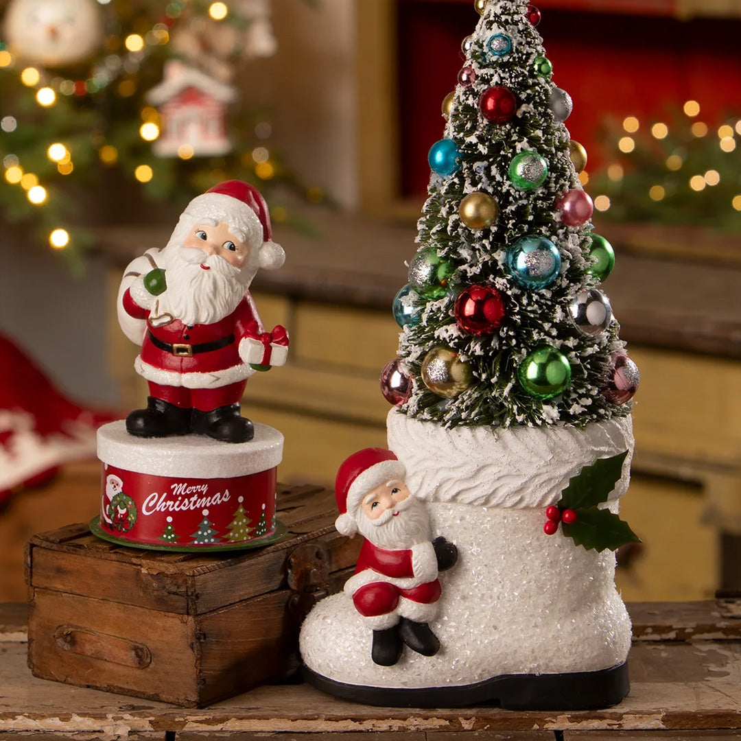 Cuddle Decor Bethany Lowe Retro Santa on Box 7.5" lifestyle