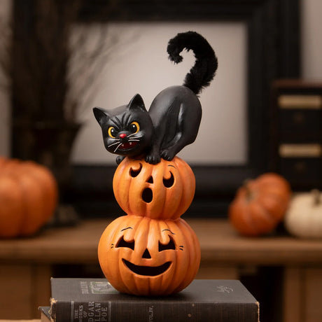 Bethany Lowe Small Pumpkin Stack Black Cat front lifestyle 3
