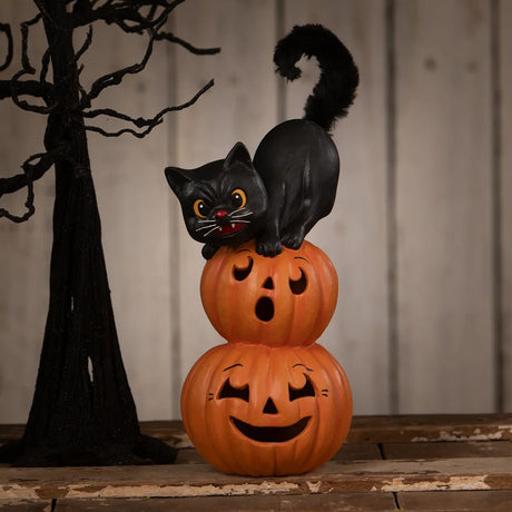 Bethany Lowe Small Pumpkin Stack Black Cat front lifestyle 2