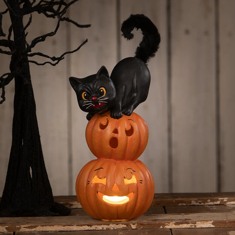 Bethany Lowe Small Pumpkin Stack Black Cat front lifestyle