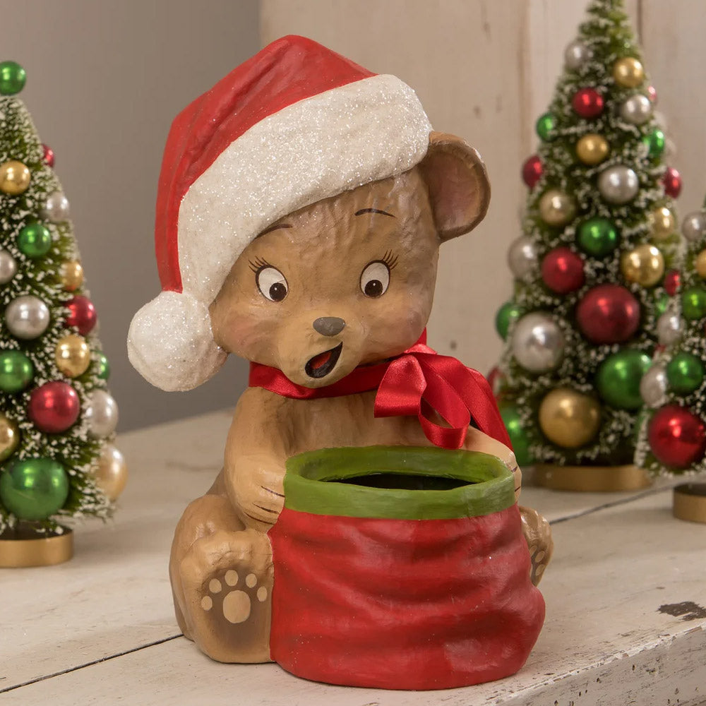 Christmas Surprise Bear Paper Mache Figurine by Bethany Lowe front style